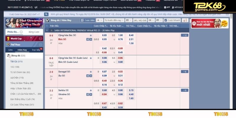 Thể thao TBK68 có nhiều chế độ cược